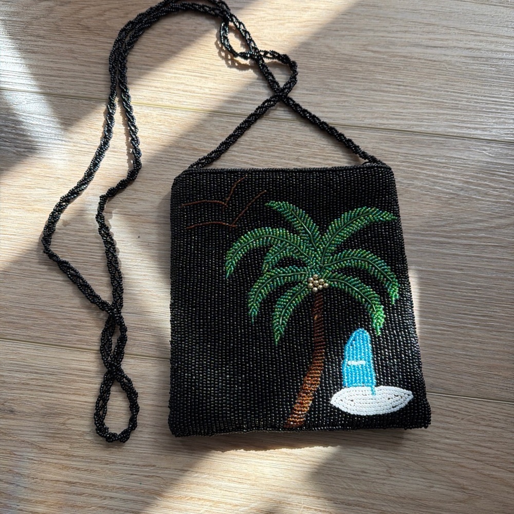 Beaded Palm Tree Crossbody Bag - Black & Green